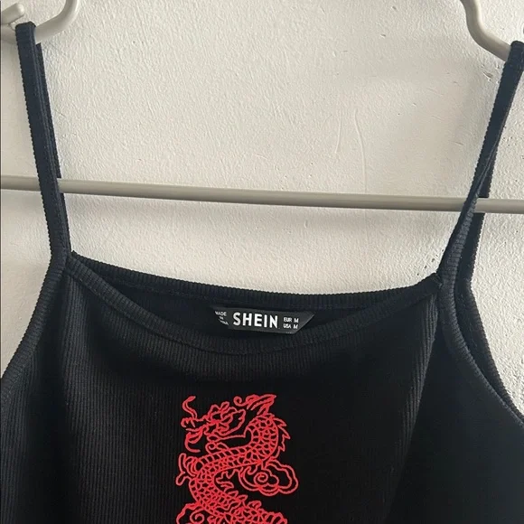SHEIN Black Ribbed Cropped Camisole with Red Dragon Embroidery - Picture 3 of 4